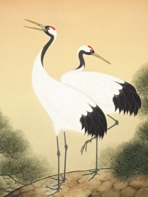 玉 泉 筆 絹本彩色画 タイトル 【 松 上 鶴 図 】 共箱 【公式通販】